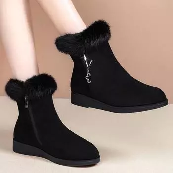 Модные теплые короткие зимние сапоги 2024 года, новые женские туфли на плоской подошве, черные ботильоны на покатом каблуке, Zapatos De Plataforma Trafza 35 чёрный