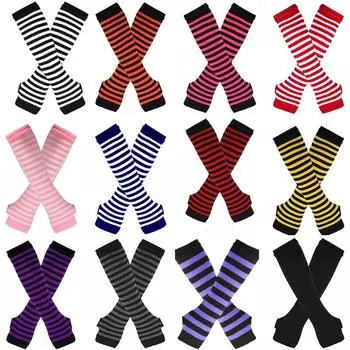 Модные теплые перчатки без пальцев с длинными рукавами для мужчин и женщин, полосатые хип-хоп вязаные варежки на локоть, эластичный уличный теплый браслет