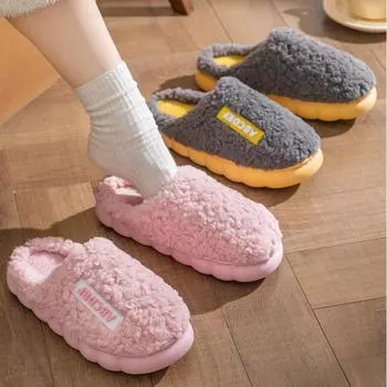 Модные теплые плюшевые зимние туфли для мужчин и женщин, домашние тапочки с буквами, противоскользящие, мягкие, меховые, для пар, домашние тапочки из хлопка, домашняя обувь 2024 36-37 синий