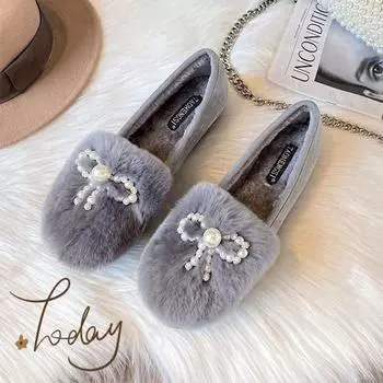 Модные теплые туфли из хлопка и бархата с толстой подошвой и круглым носком, женские модные нескользящие туфли с жемчугом и галстуком-бабочкой, большие размеры, Zapatillas 2024 33 чёрный