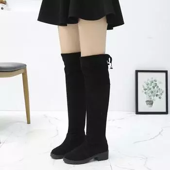 Модные теплые замшевые женские сапоги, зимние черные сапоги выше колена, новые удобные туфли на шнуровке и высоком толстом каблуке, сапоги с круглым носком 35 чёрный