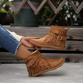 Модные теплые зимние ботинки с кисточками, зимние женские нескользящие плюшевые ботильоны с заклепками, женские, большого размера 43, теплые хлопковые ботинки с застежкой-молнией сзади 36 коричневый