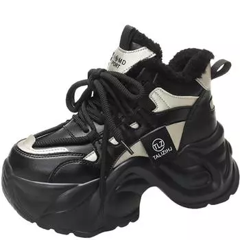 Модные теплые зимние сапоги для женщин 2024 года, зимняя обувь из плюша с хлопковой подкладкой, женские кожаные ботильоны на высоком каблуке 7 см, массивная обувь на платформе 34 хаки