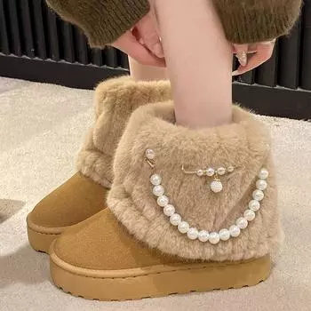 Модные теплые зимние сапоги с жемчужным цепочным декором для женщин, зима 2024 года, пушистые плюшевые ботильоны на платформе, женские ботинки с толстой подошвой и хлопковой подкладкой 36 верблюд