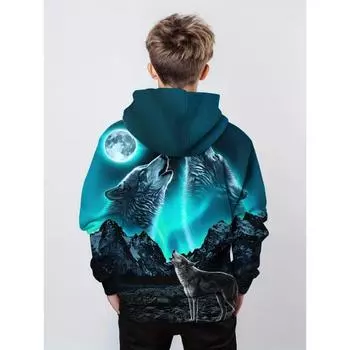 Модные толстовки с капюшоном Moonlight Wolf с 3D-принтом для детей, уличная одежда для девочек и мальчиков, детские толстовки с длинным рукавом, осенне-зимняя одежда 100