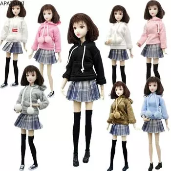 Модные толстовки с капюшоном, плиссированная юбка для куклы Барби, одежда, комплект одежды для студентов, 1/6 аксессуары для кукол, игрушки в подарок синий/серый