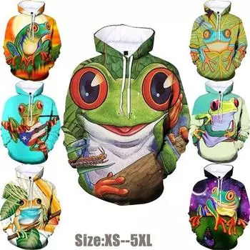 Модные толстовки с капюшоном с 3D-принтом и рисунком лягушки в виде животных, повседневные толстовки больших размеров, свитшоты, топы, мужские толстовки с капюшоном с полным принтом S
