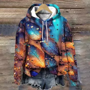 Модные толстовки с принтом в виде перьев с 3D-принтом для женщин, уличная одежда, осень-зима, с длинным рукавом, с капюшоном, толстовки, пуловеры, женская одежда S