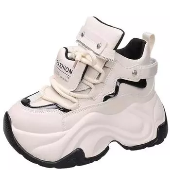 Модные толстые кроссовки 8 см на толстой подошве, новинка 2024 года, женская спортивная обувь на высокой платформе, повседневная обувь для папы из кожи на танкетке 34 белый