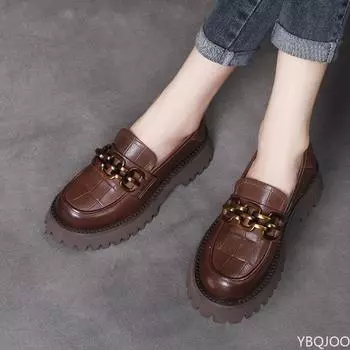 модные толстые мокасины женские из натуральной коровьей кожи туфли на платформе с круглым носком металлические цепочки женские туфли на плоской подошве ручной работы 35 чёрный