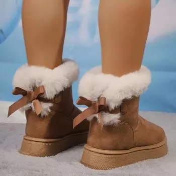 Модные толстые плюшевые зимние сапоги с бантом, женские зимние теплые ботильоны с толстой подошвой из искусственного меха, женские ботинки из искусственной замши с хлопковой подкладкой 36