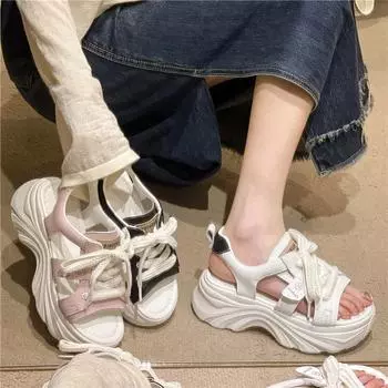 модные толстые полые сандалии с открытым носком повседневные шнуровки женские летние 2024 обувь на платформе пляжные спортивные гладиаторские сандалии женские 35 белый