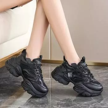 Модные толстые повседневные женские туфли из вулканизированной кожи на шнуровке, спортивные, дышащие, кожаные, толстые, разноцветные, повседневные, женские, сетчатые туфли для активного отдыха 35 чёрный
