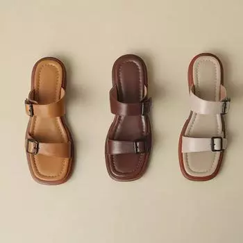 Модные толстые тапочки на низком каблуке для женщин 2024 года, летняя новая мода с квадратным носком и пряжкой, универсальная женская обувь, повседневная верхняя одежда, сандалии, шлепанцы 35 коричневый