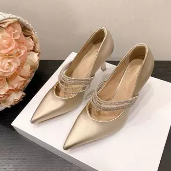 Модные тонкие и высокие туфли-одиночки с заостренным носком и неглубокой горловиной, с кристаллами и цепочкой, противоскользящие, износостойкие, высокие каблуки 35