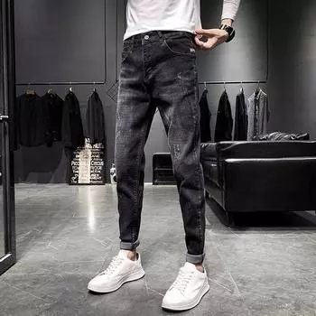 Модные тонкие мужские джинсы с рваными дырками, маленькие ножки, девять очков, повседневные брюки, весенне-осенние черные джинсы 27