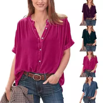 Модные топы из золотистого бархата, однотонная рубашка с короткими рукавами и круглым вырезом L синий