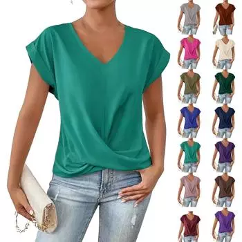 Модные топы, однотонная футболка с V-образным вырезом, элегантная, с коротким рукавом L армия зеленый