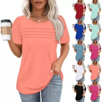 Модные топы, плиссированные, с круглым вырезом, с коротким рукавом, футболка L чёрный