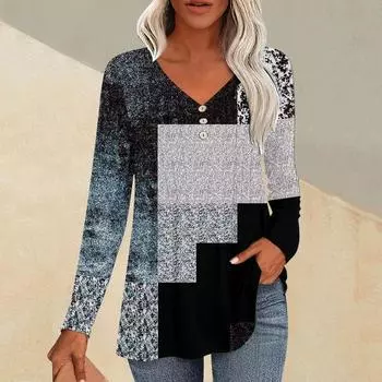 Модные топы, повседневная плиссированная футболка с V-образным вырезом и клетчатым принтом, длинный рукав L чёрный