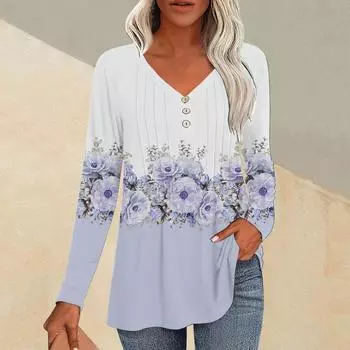 Модные топы, повседневная плиссированная футболка с V-образным вырезом и растительным принтом, длинный рукав L чёрный