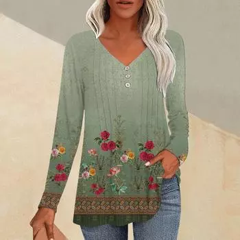 Модные топы, повседневная плиссированная футболка с V-образным вырезом и длинным рукавом в стиле ретро с принтом L циан