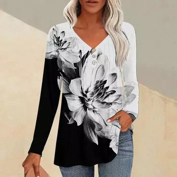 Модные топы, повседневная плиссированная футболка с V-образным вырезом и растительным принтом, длинный рукав L темно-синий