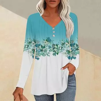 Модные топы, повседневная плиссированная футболка с V-образным вырезом и растительным принтом, длинный рукав L чёрный