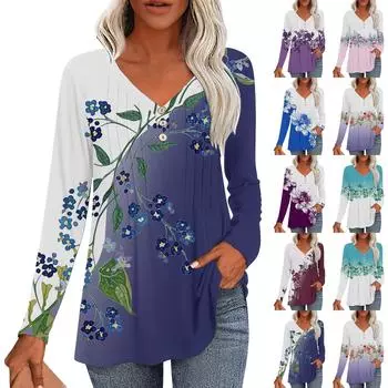 Модные топы, повседневная плиссированная футболка с V-образным вырезом и растительным принтом, длинный рукав S