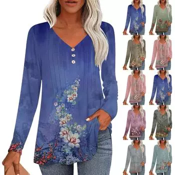 Модные топы, повседневная плиссированная футболка с V-образным вырезом и длинным рукавом в стиле ретро с принтом L циан