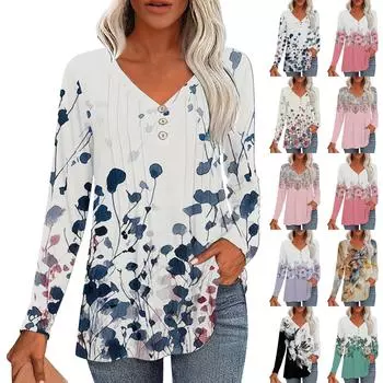 Модные топы, повседневная плиссированная футболка с V-образным вырезом и растительным принтом, длинный рукав L темно-синий