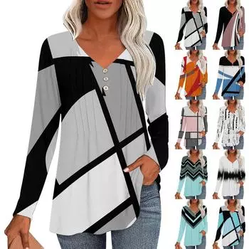 Модные топы, повседневная плиссированная футболка с V-образным вырезом и длинным рукавом с принтом S чёрный