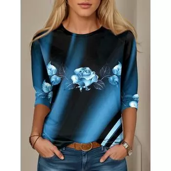Модные топы с цветочным красным, синим и фиолетовым принтом, с длинным рукавом, для праздничных выходных, с круглым вырезом, обычного кроя, весенняя женская футболка XL