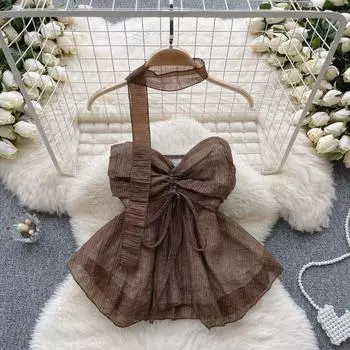 Модные топы с открытыми плечами в пляжном стиле, шифоновые топы-трубы, женские топы с лямкой на шее, лентами, шнурком, элегантная одежда с бантом на шнуровке, модная уличная одежда с открытой спиной, сексуальный жилет One Size белый