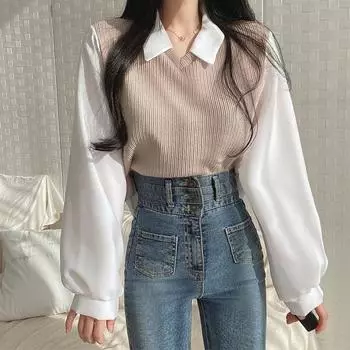 Модные топы с V-образным вырезом, блузка, свободный осенний женский повседневный свитер 2 в 1, пуловер, поддельный из двух частей L синий