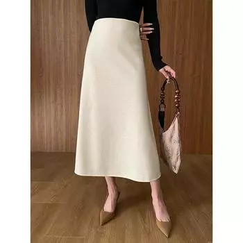 Модные товары Драпированная узкая твидовая юбка трапециевидной формы с высокой талией, длинная длинная юбка до середины тела M чёрный