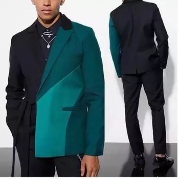 Модные трехцветные мужские блейзеры для выпускного вечера, комплект из 2 предметов с поясом, свадебные смокинги для жениха, приталенные, с зазубренными лацканами, мужские S чёрный/бутылочная зеленый
