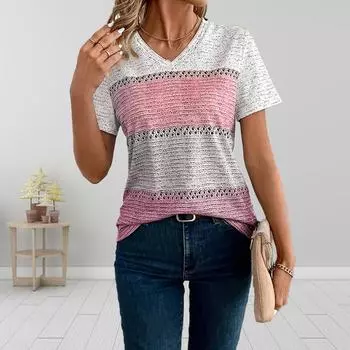 Модные трехцветные полосатые блузки с коротким рукавом и V-образным вырезом футболки повседневные XS синий
