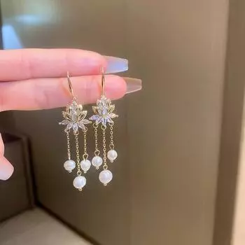 Модные трендовые милые романтические блестящие цирконовые серьги-подвески с цветком лотоса и фонариком, женские серьги с пресноводным жемчугом и длинными кисточками, ювелирные изделия