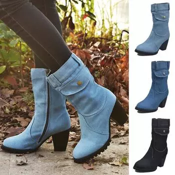 Модные трендовые женские сапоги до середины икры на высоком каблуке большого размера, женские ковбойские туфли средней длины с карманами 35