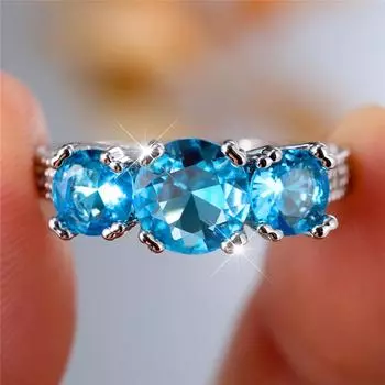 Модные три круглых кольца из циркония Aqua Blue для женщин, серебряное обручальное кольцо, ювелирные изделия для вечеринок, подарки 5 аква голубой/серебряный