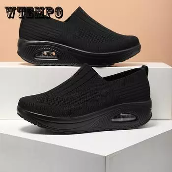 Модные трикотажные дышащие кроссовки без застежек, обувь для ходьбы на открытом воздухе на платформе с воздушной подушкой, женская обувь 38 хаки
