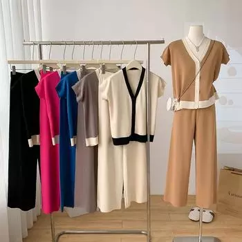 Модные трикотажные комплекты из 2 предметов для женщин, однобортный кардиган с V-образным вырезом, высокая талия, широкие длинные брюки, однотонные свитера L чёрный