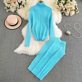 Модные трикотажные юбки, комплекты, женские, осень-зима, новые, облегающие, юбка-футляр А-силуэта, водолазка, свитер, комплект из двух предметов, элегантные костюмы One Size серый