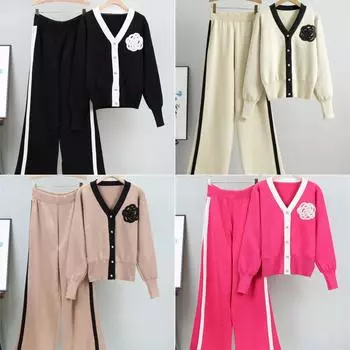 Модные трикотажные женские костюмы, однобортный кардиган с V-образным вырезом и широкие длинные брюки, осенние свободные свитера для улицы One Size чёрный