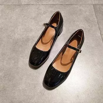 Модные туфли бренда Mazefeng 2024 года, весна-осень, туфли Мэри Джейн, женские, ретро, с квадратным носком, кожаные туфли-лодочки, средний толстый каблук 5 см, пряжка на щиколотке, размеры 35-39 35 чёрный