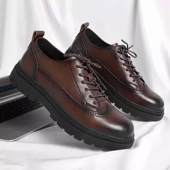 Модные туфли дерби для мужчин из искусственной кожи с толстой подошвой, на шнуровке, с круглой головкой, однотонные, профессиональные, классические, британские, универсальные, мужские туфли 38 коричневый