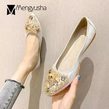 Модные туфли для девочек больших размеров 34-43 с кристаллами, туфли-лодочки с заостренным носком, удобные туфли на плоской подошве серебристо-золотистого цвета, женские мокасины с высокой посадкой 4.5 серебряный
