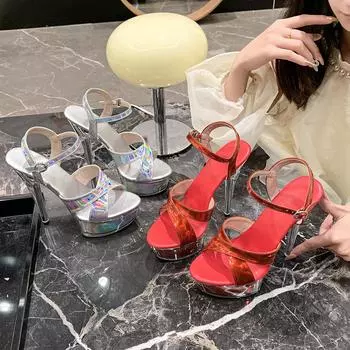 Модные туфли для ночного клуба с лазерным ремешком, водонепроницаемые, для стола, повседневные, для свадебного банкета, с кристаллами, женские туфли на высоком каблуке, большой размер 34 серебряный