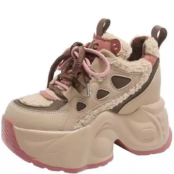 Модные туфли для папы, женские зимние новые туфли из овечьего меха и бархата, теплые хлопковые туфли с толстой подошвой, внутренняя отделка, ретро-коричневые повседневные туфли 34 коричневый